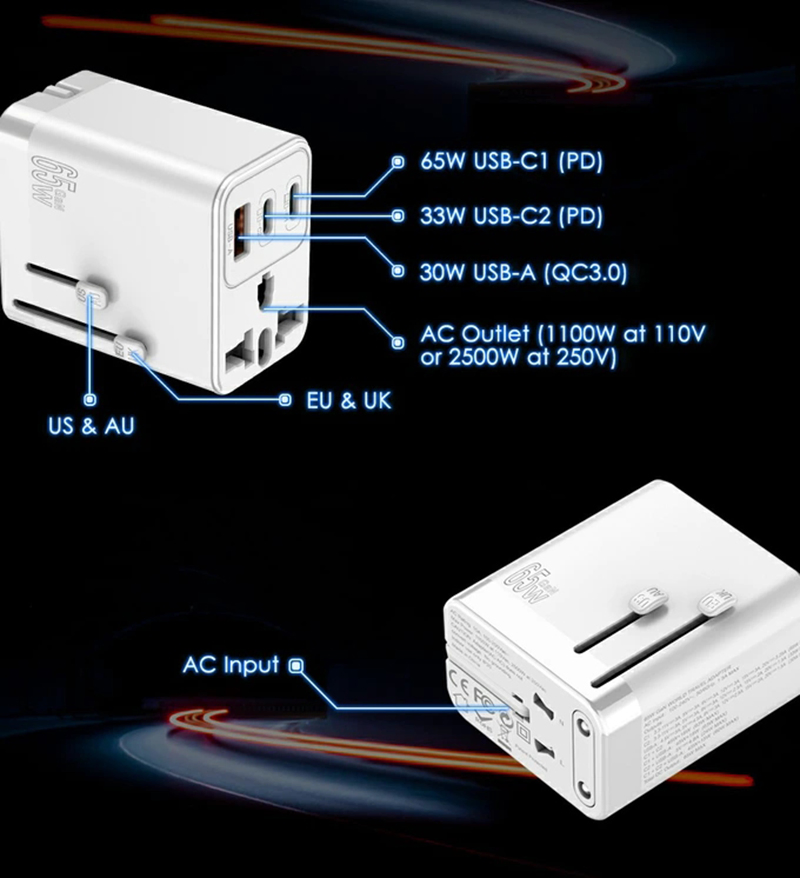 New 65W GaN World Travel Adapter Charger 4-Port Fast Charging Foldable Plug