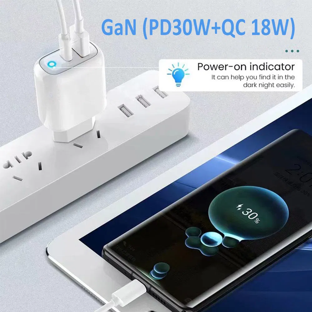 Fast Charging GaN Phone Charger for iPhone Samsung Pd30W QC18W Fast Home Charger USB-C Fast Mobile Charger Cell Phone Accessories