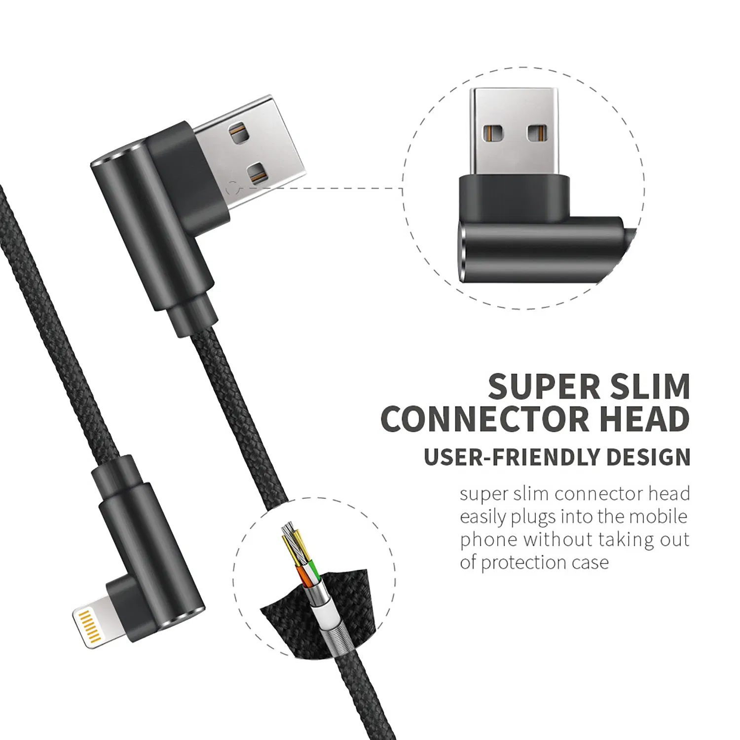 Right Angle USB to Lightning Nylon Braided Cable with Mfi Certified for Ios iPhone