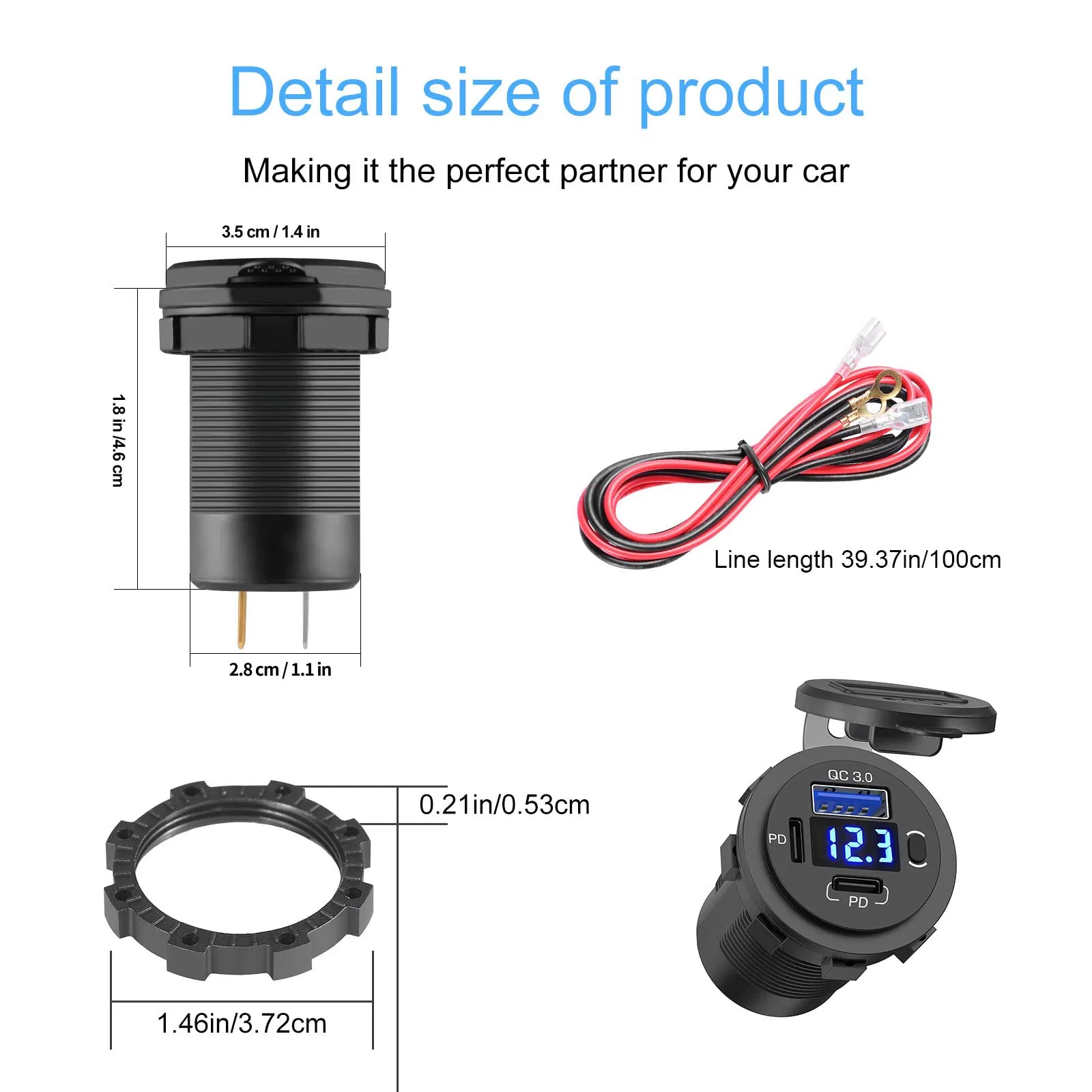Universal USB C Car Charger Outlet Socket 20W Pd &amp; Dual 18W QC3.0 Port 12V-24V