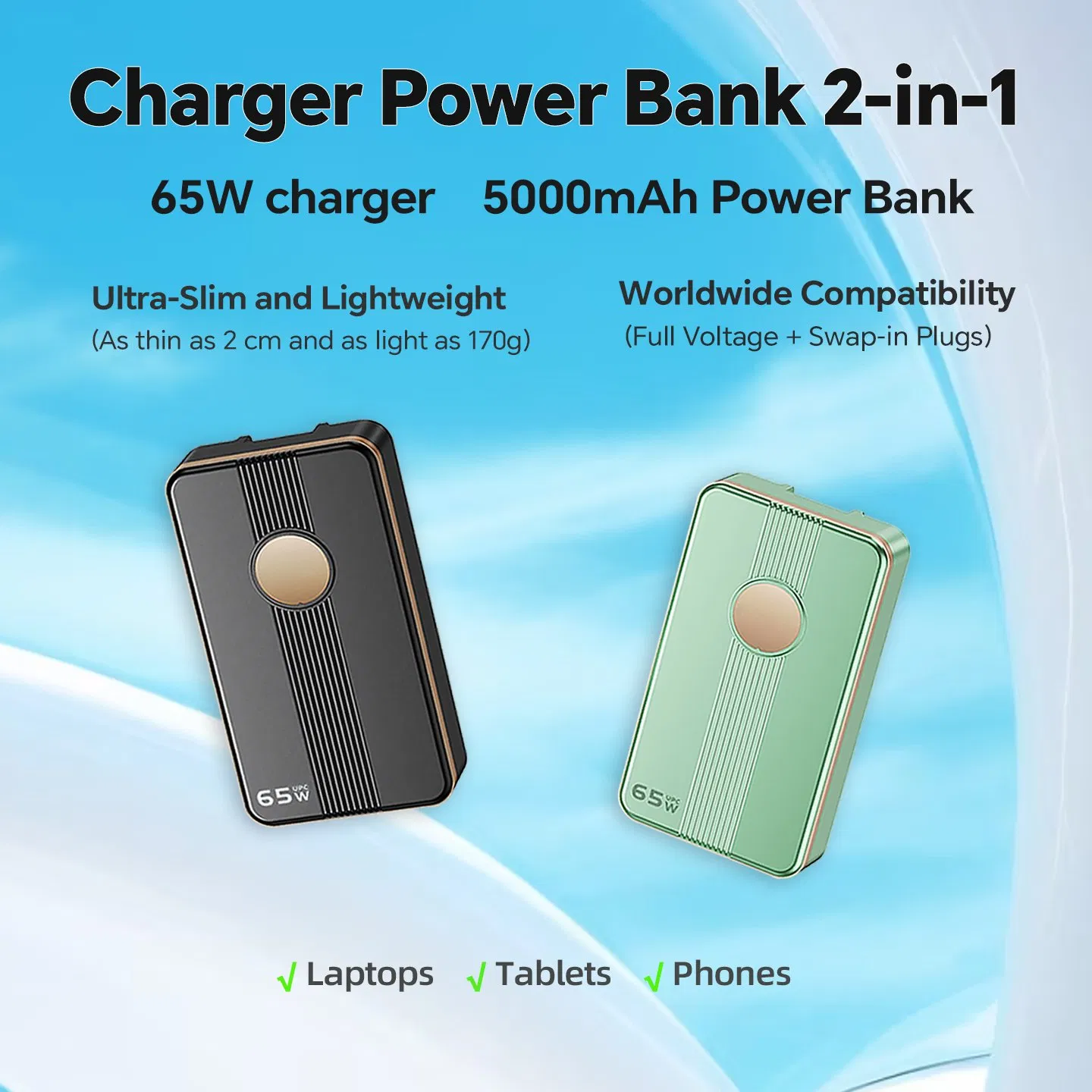 65W USB-C Power Delivery Charger Integrated 5000mAh Power Bank for Worldwide Travel