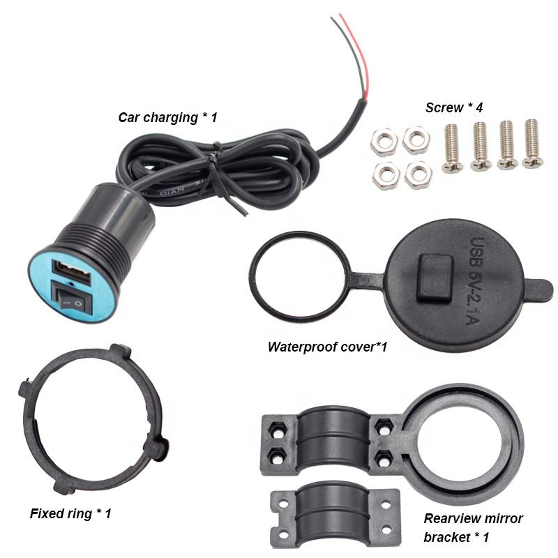 Clamp USB 12-24V Electric Bike Motorcycle Fast Charger 5V 2.1A Cover LED Indicator Light Rocker Switch Waterproof Socket Mobile