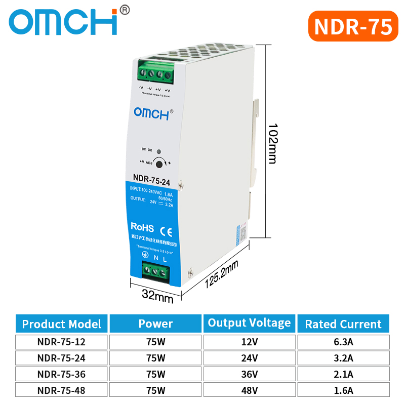 Omch High-Efficiency Ndr-75 Series DIN-Rail Switching Power Supply 12V 24V