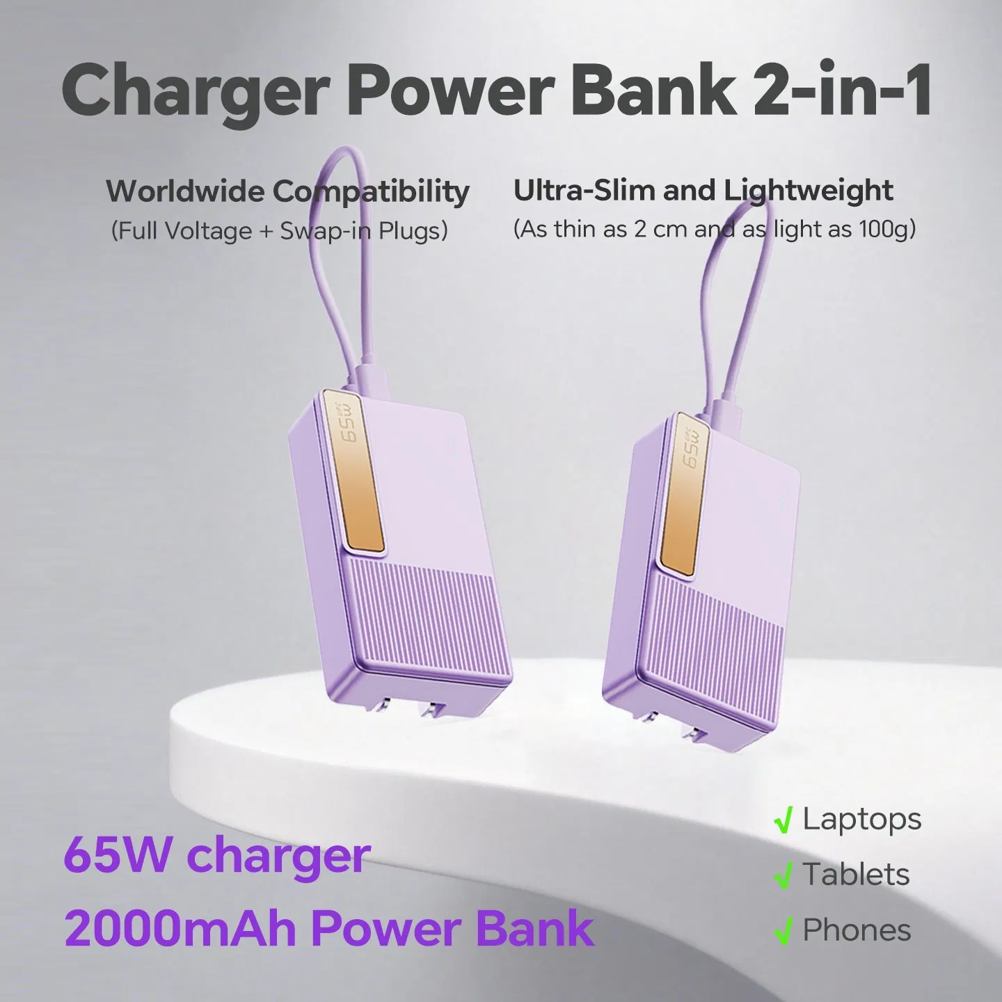 65W Power Delivery Charger 2000mAh Power Bank for Laptops Mobile Phones and Small Current Devices