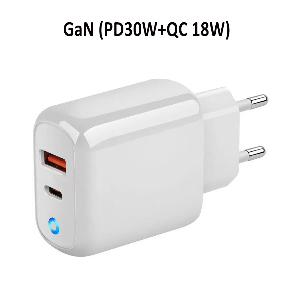 Fast Charging GaN Phone Charger for iPhone Samsung Pd30W QC18W Fast Home Charger USB-C Fast Mobile Charger Cell Phone Accessories