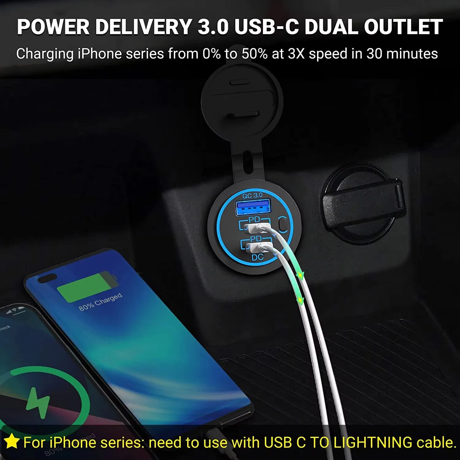 Dual Pd3.0 USB C QC3.0 Quick Charge Socket 12V Multi-Port Car Charger Power Switch Fast Charging Vehicle Electronic Accessory