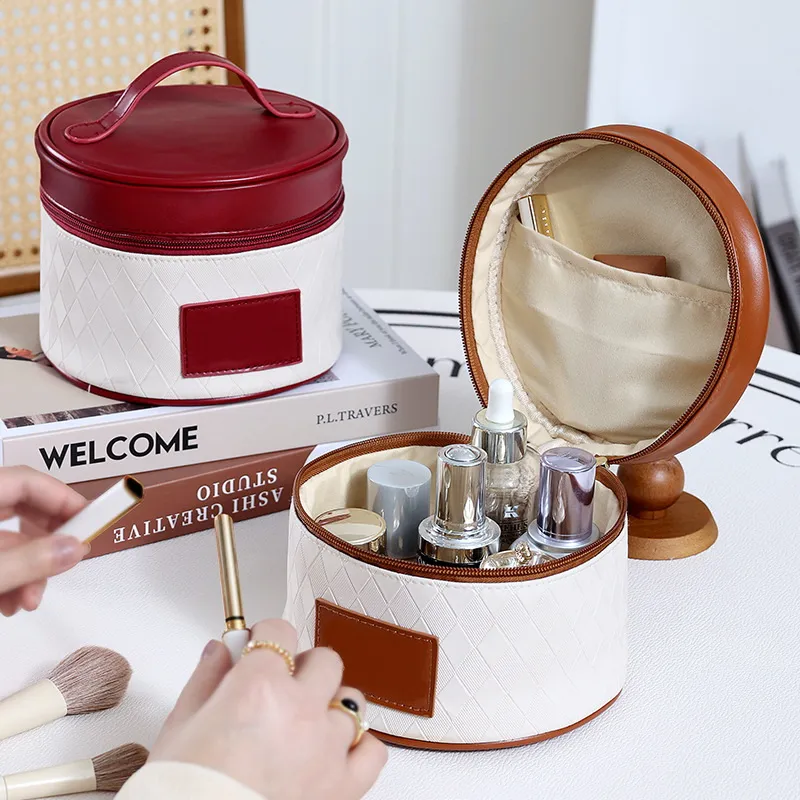 Bolsa de Maquillaje de Belleza Cilíndrica para Dama, Forma de Barril, Bolsa de Cosméticos de PU para Viaje y Aseo