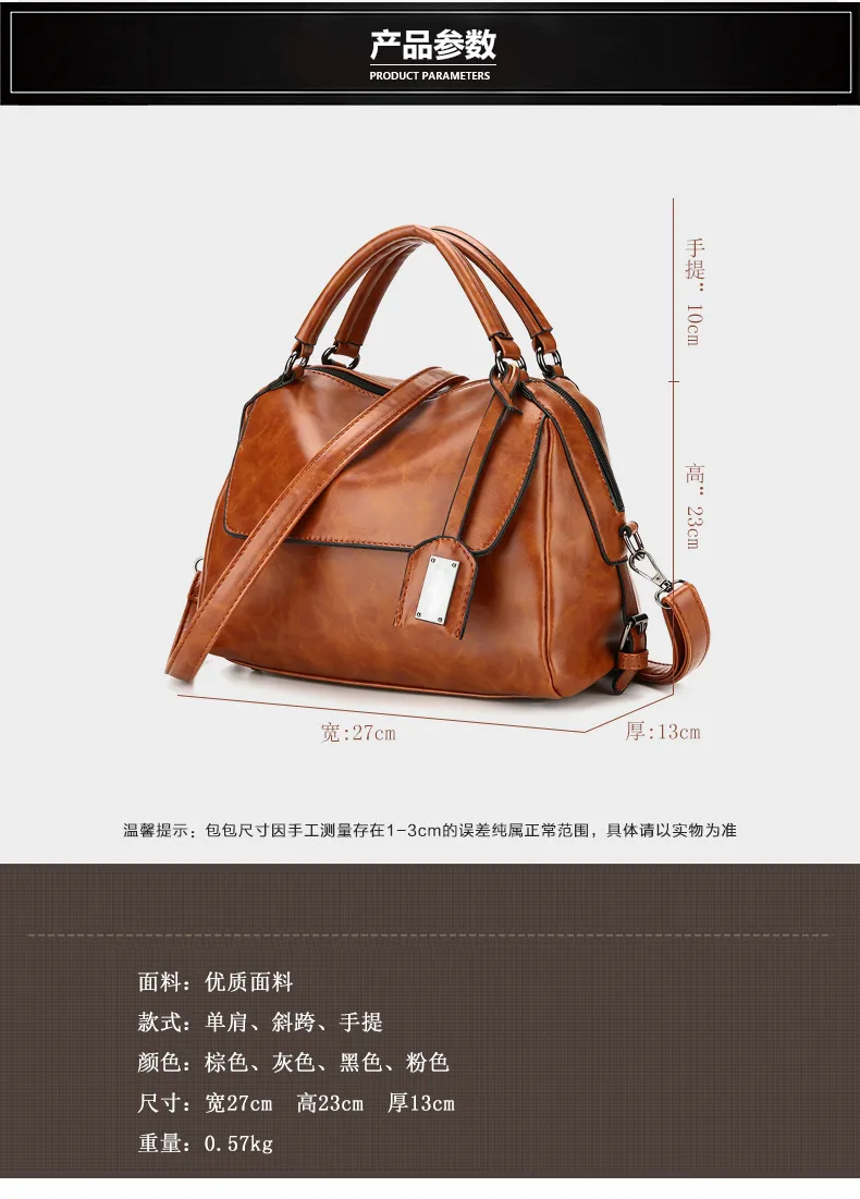 Nueva bolsa de médico de piel de aceite retro para mujeres; bolso grande S