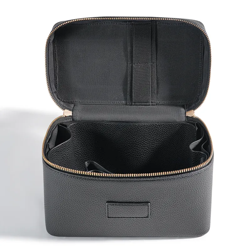 Organizador de Viaje Personalizado Nueva Caja de Almacenamiento Portátil para Brochas de Maquillaje y Artículos de Tocador Bolsas Cosméticas de Cuero PU Color Negro