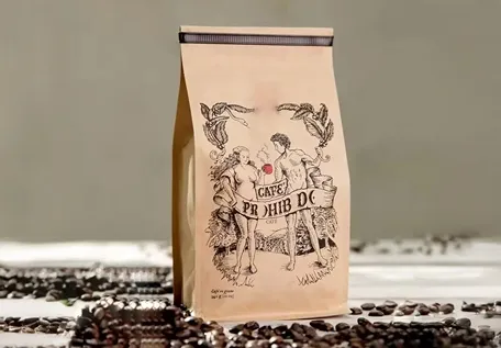 Bolsa plana de fondo con pliegues de acordeón extendidos y soporte para café