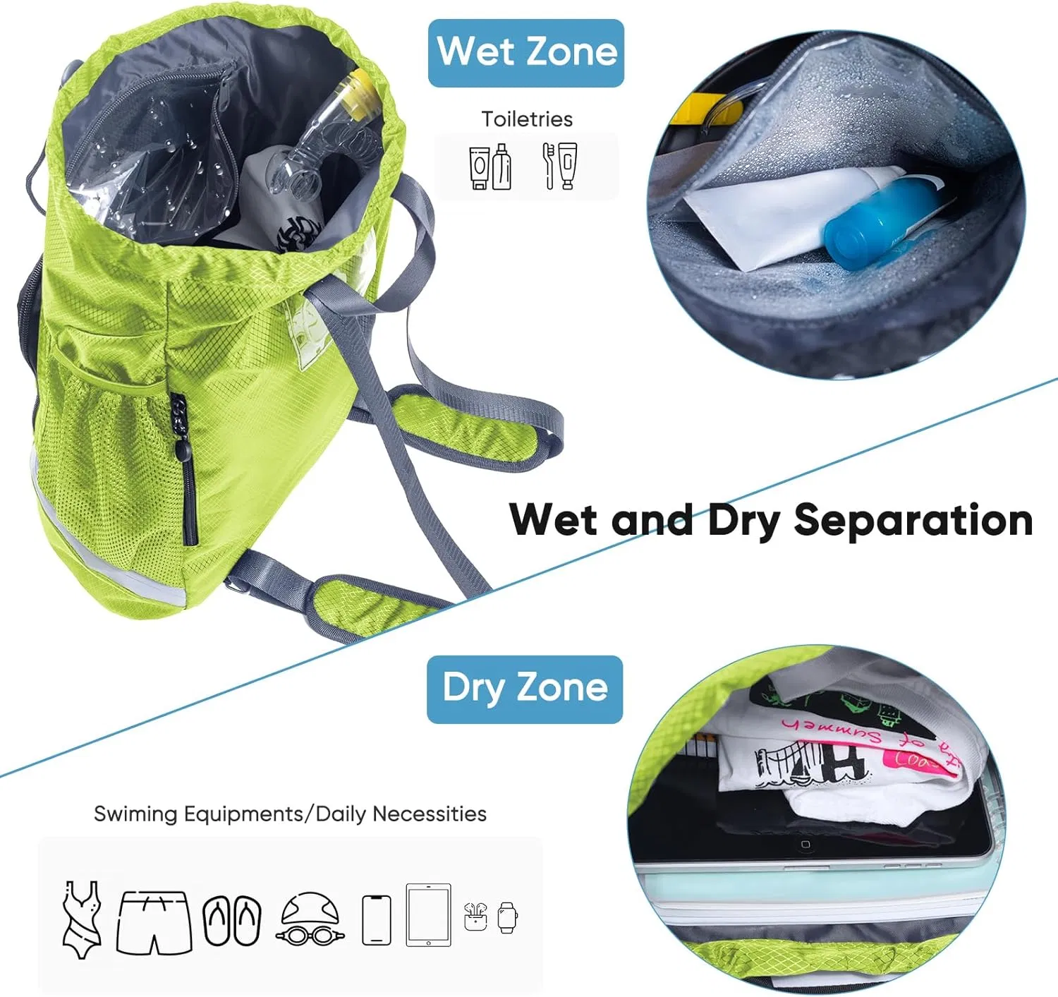 Bolsa de gimnasio para natación con compartimento para zapatos y bolsillo impermeable
