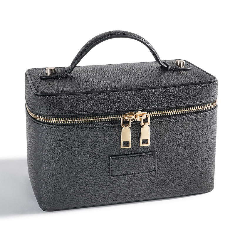 Organizador de Viaje Personalizado Nueva Caja de Almacenamiento Portátil para Brochas de Maquillaje y Artículos de Tocador Bolsas Cosméticas de Cuero PU Color Negro
