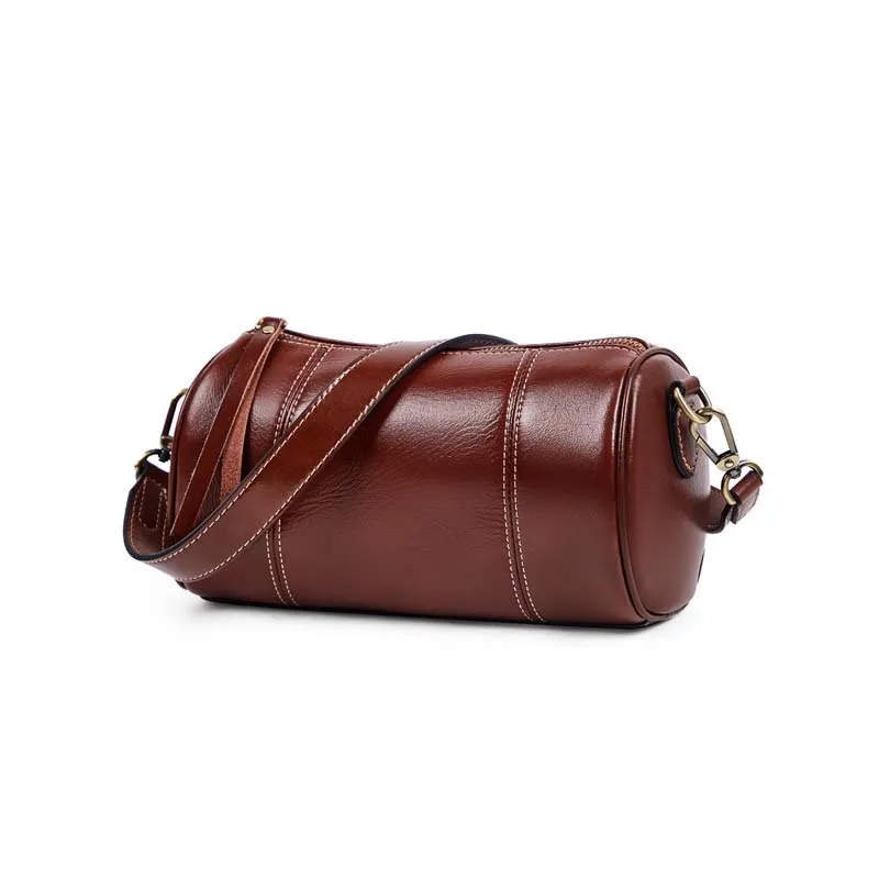 Bolso cruzado de cuero genuino vintage personalizado de fábrica, nuevo bolso cilíndrico de temperamento, bolso simple de axila suave para un solo hombro, bolso de barril para damas