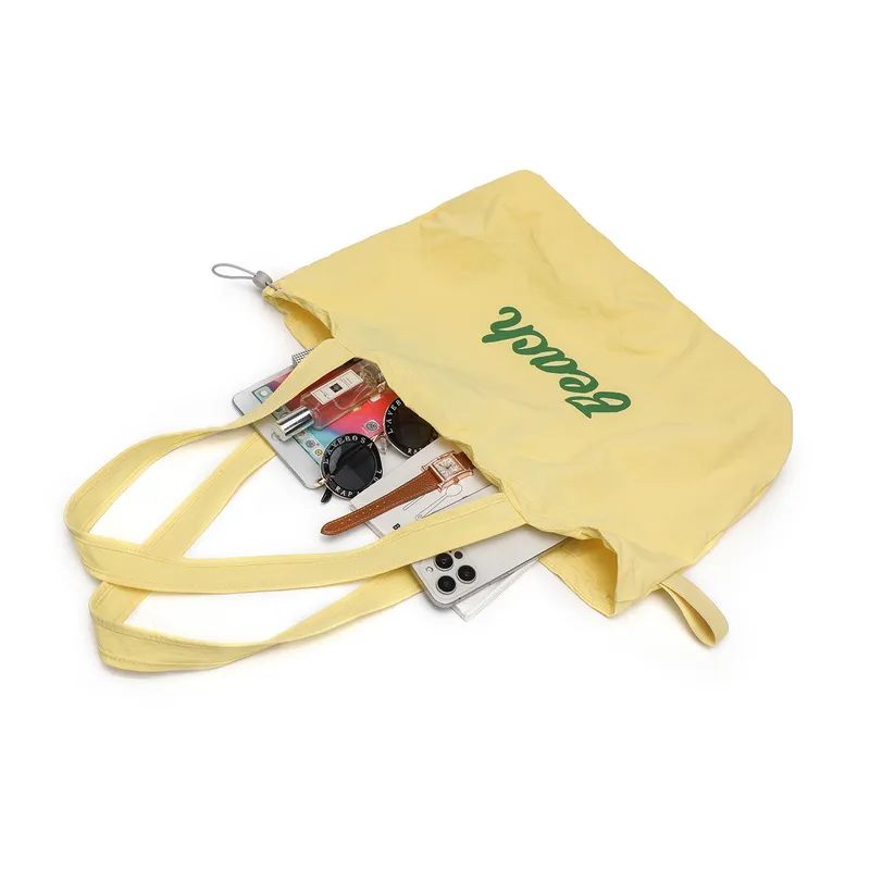 Bolsa de compras personalizada para damas, bolsa de playa ligera de nylon con cordón para mujeres, verano