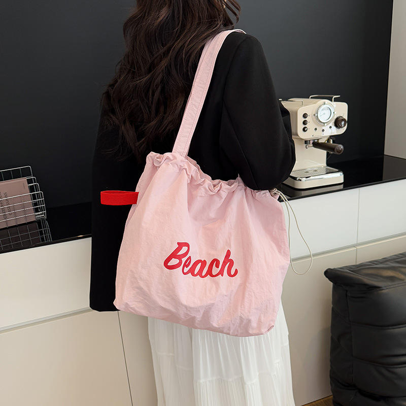 Bolsa de compras personalizada para damas, bolsa de playa ligera de nylon con cordón para mujeres, verano