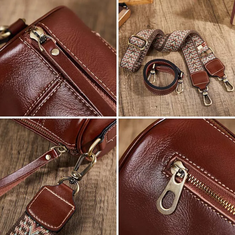 Bolso cruzado de cuero genuino vintage personalizado de fábrica, nuevo bolso cilíndrico de temperamento, bolso simple de axila suave para un solo hombro, bolso de barril para damas