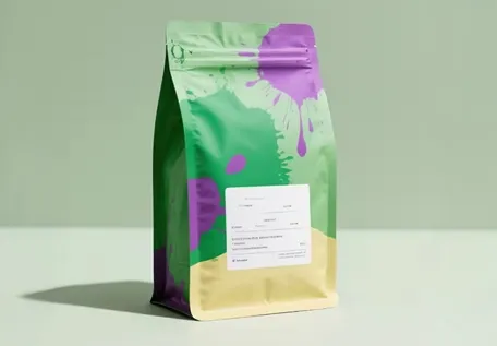 Bolsa plana de fondo con pliegues de acordeón extendidos y soporte para café