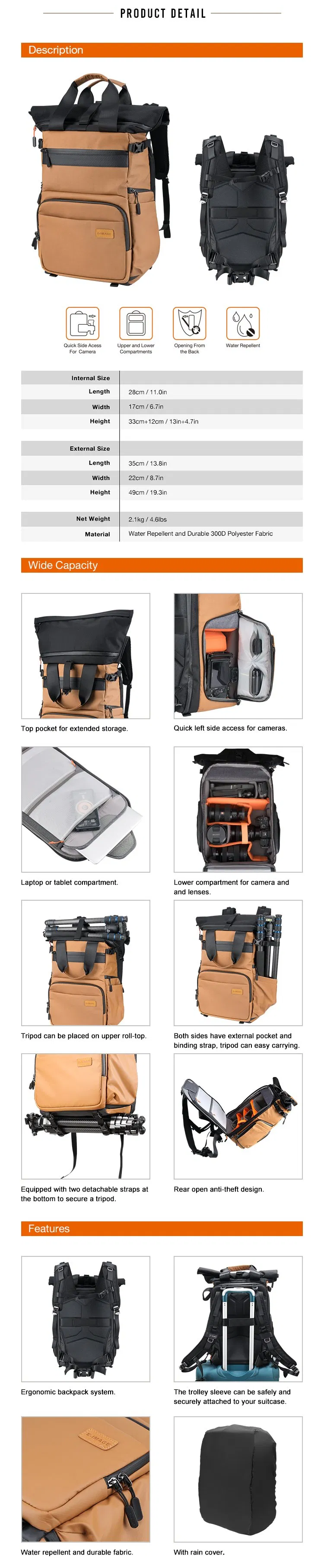 Mochila para cámara de fotografía para exteriores con detalles interiores (Explorar 20Y)
