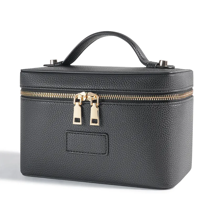 Organizador de Viaje Personalizado Nueva Caja de Almacenamiento Portátil para Brochas de Maquillaje y Artículos de Tocador Bolsas Cosméticas de Cuero PU Color Negro