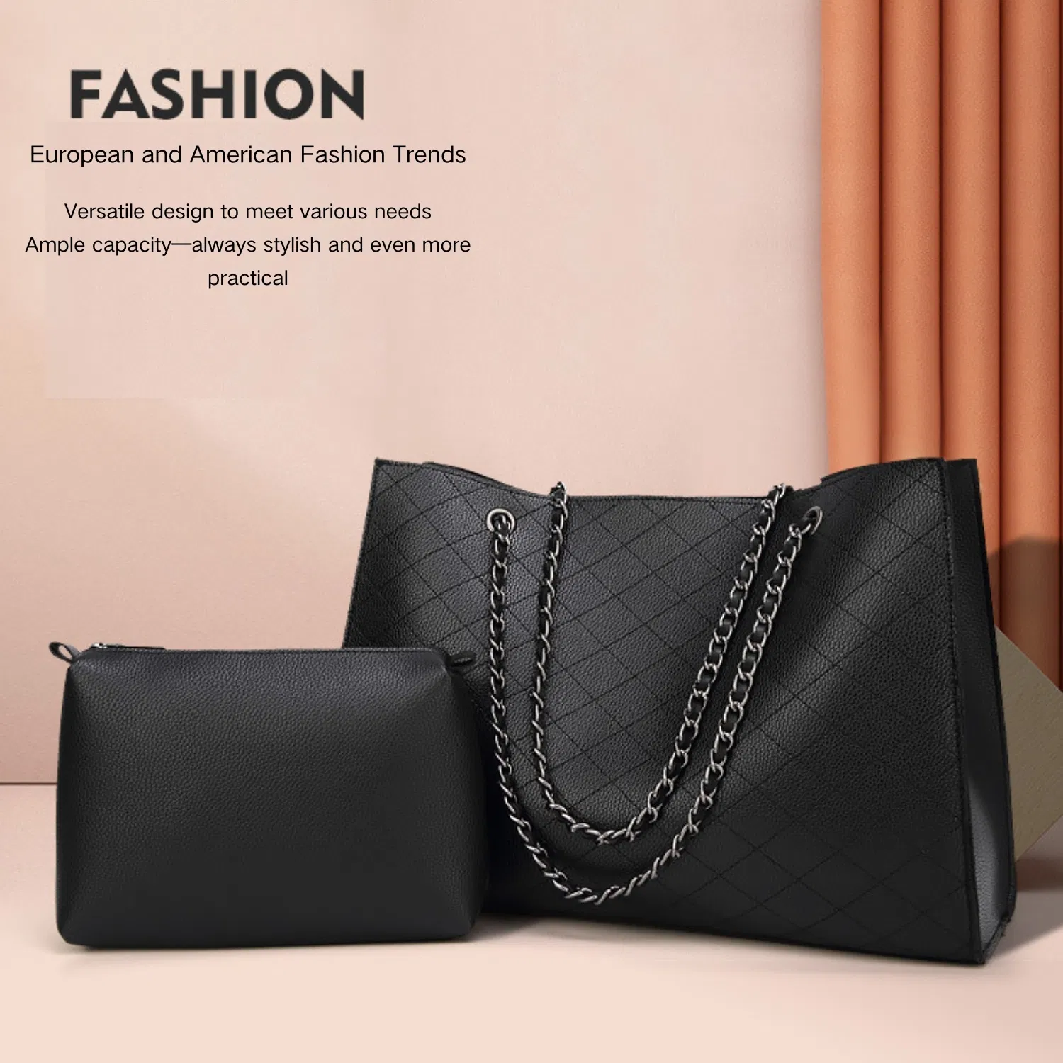 Bolso de cadena acolchado de PU para mujer con pouch pequeño a juego