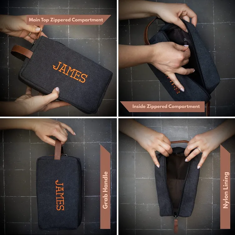Organizador de maquillaje y cosméticos con logo bordado, bolsa de aseo de lona retro impermeable para hombres