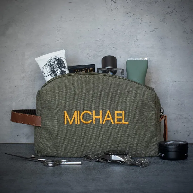 Organizador de maquillaje y cosméticos con logo bordado, bolsa de aseo de lona retro impermeable para hombres