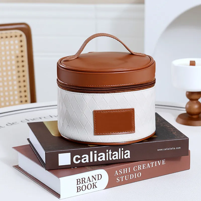 Bolsa de Maquillaje de Belleza Cilíndrica para Dama, Forma de Barril, Bolsa de Cosméticos de PU para Viaje y Aseo