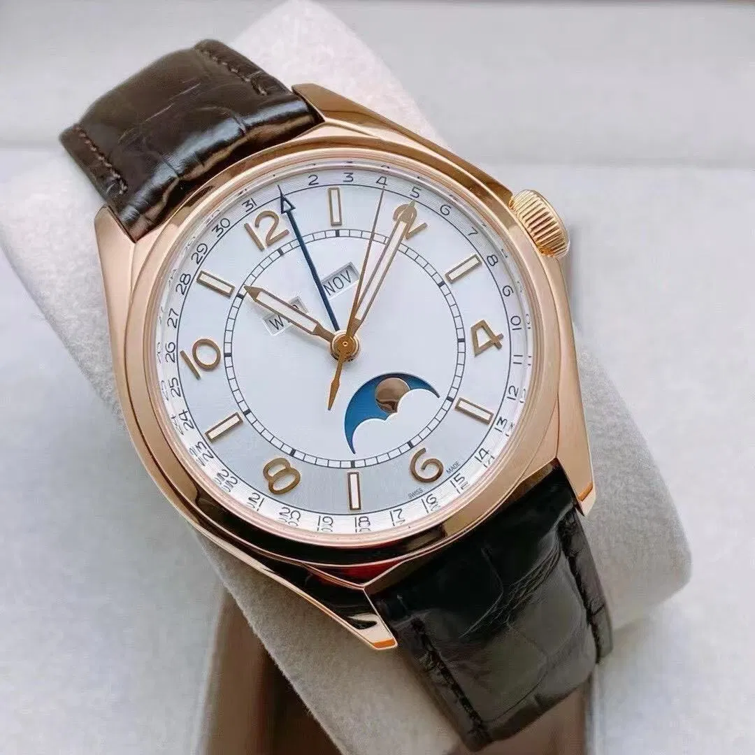 Reloj de hombre automático de movimiento ultra delgado con calendario lunar de placa de plata