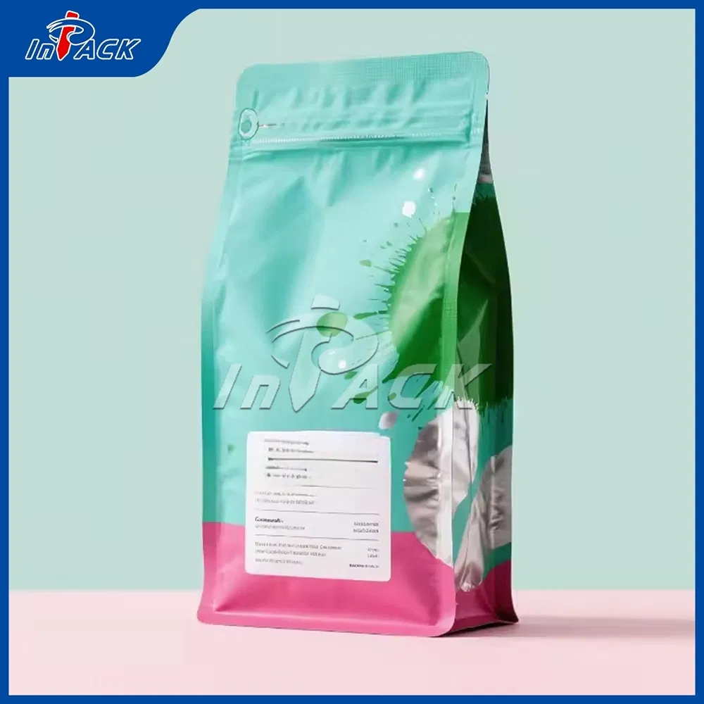 Bolsa plana de fondo con pliegues de acordeón extendidos y soporte para café