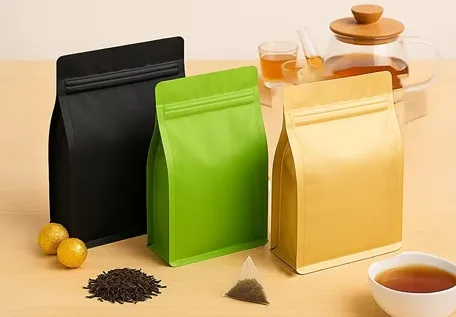 Bolsa plana de fondo con pliegues de acordeón extendidos y soporte para café