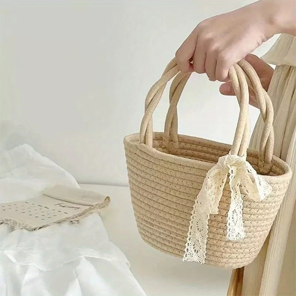Bolso de paja de algodón macramé vintage para mujeres, uso diario en la playa, material natural ecológico con decoración de borlas