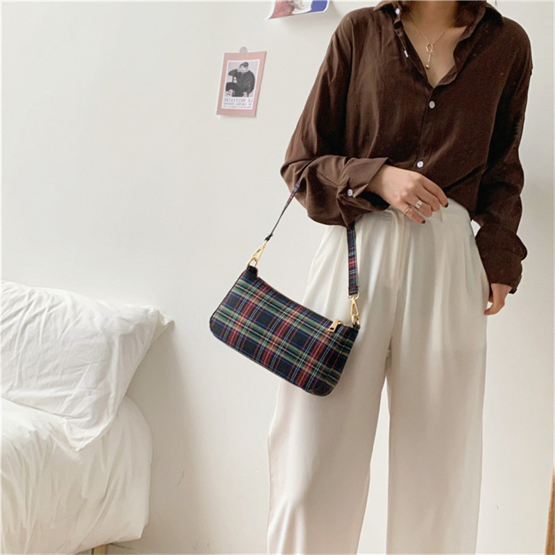 Mujeres prime; Bolsa de lona S Bag, bolso retro de hombro, bolsa diagonal de axila, tendencia de moda, bolsa baguette de cuadros