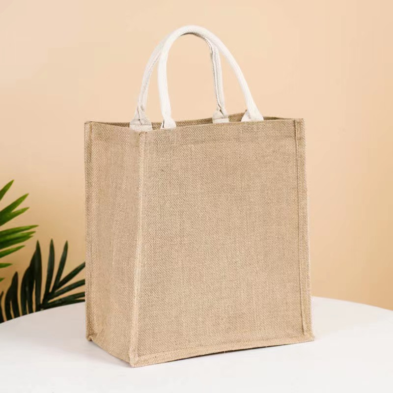 Bolsa de yute reutilizable ecológica con recubrimiento de lino, bolsa de compras de playa con logo y asas de algodón personalizadas