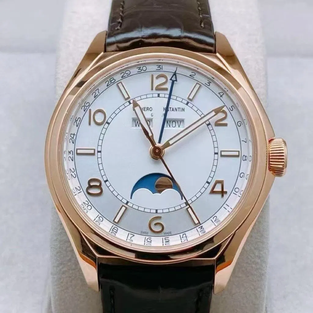 Reloj de hombre automático de movimiento ultra delgado con calendario lunar de placa de plata
