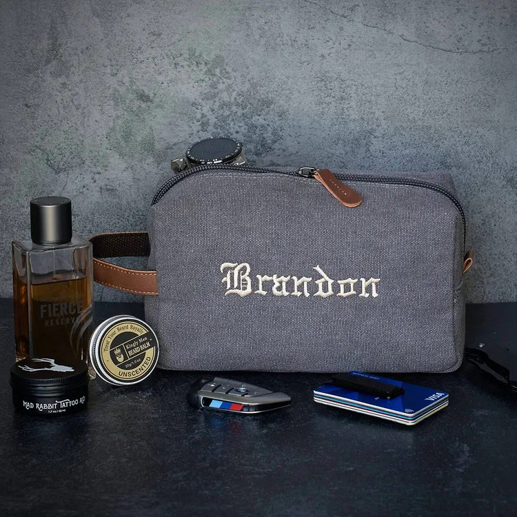 Organizador de maquillaje y cosméticos con logo bordado, bolsa de aseo de lona retro impermeable para hombres