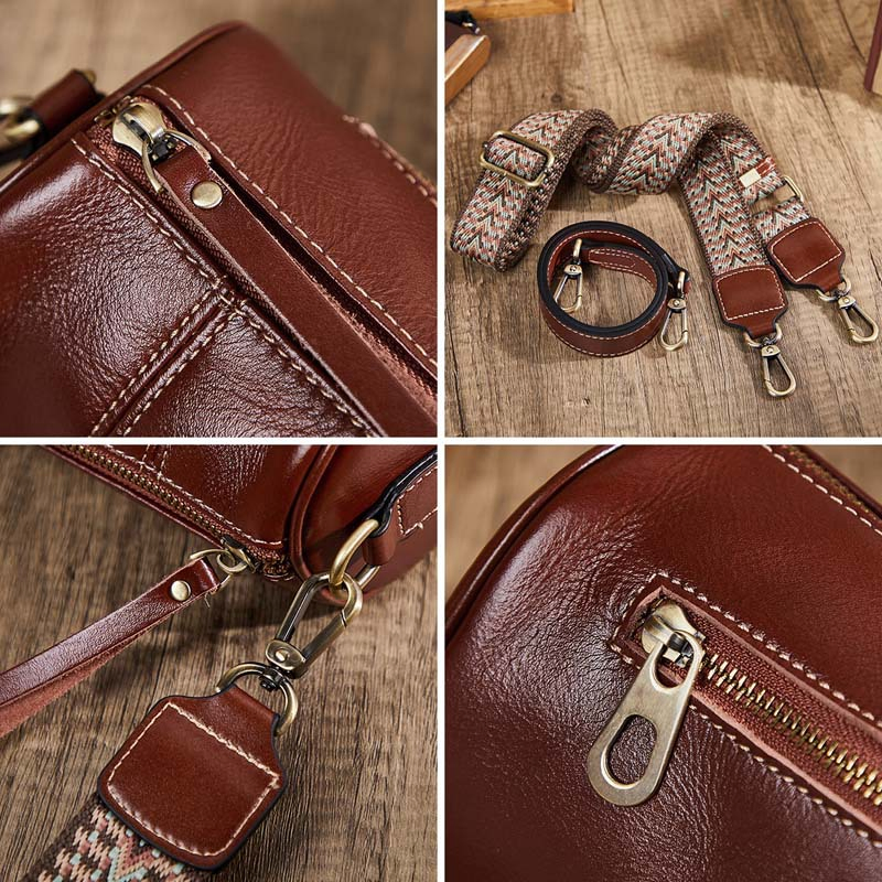 Bolso cruzado de cuero genuino vintage personalizado de fábrica, nuevo bolso cilíndrico de temperamento, bolso simple de axila suave para un solo hombro, bolso de barril para damas