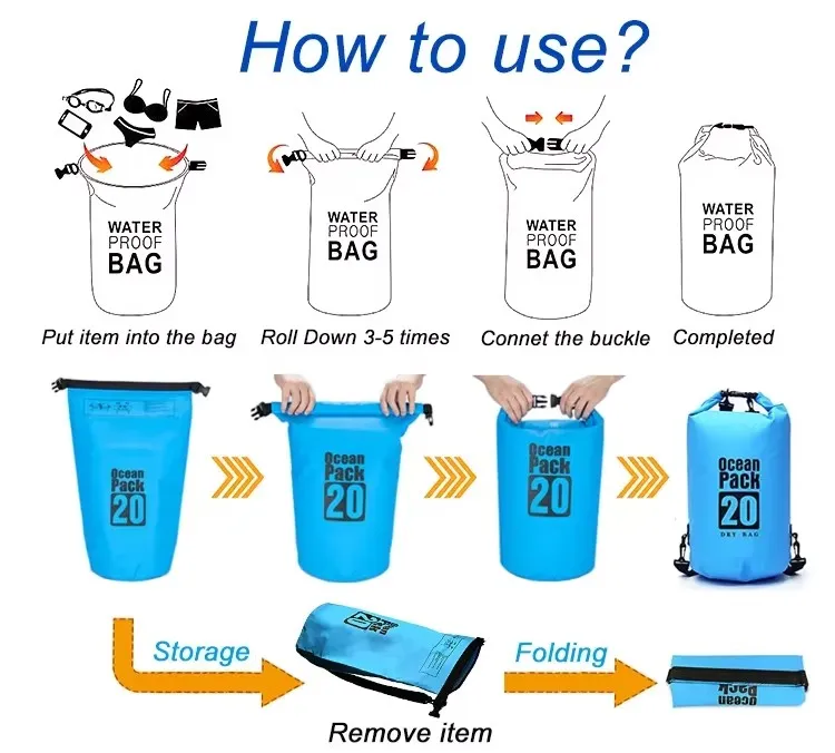 Bolsa seca impermeable de diseño de barril flotante para nadar al aire libre, estilo de moda, con un solo y doble hombro