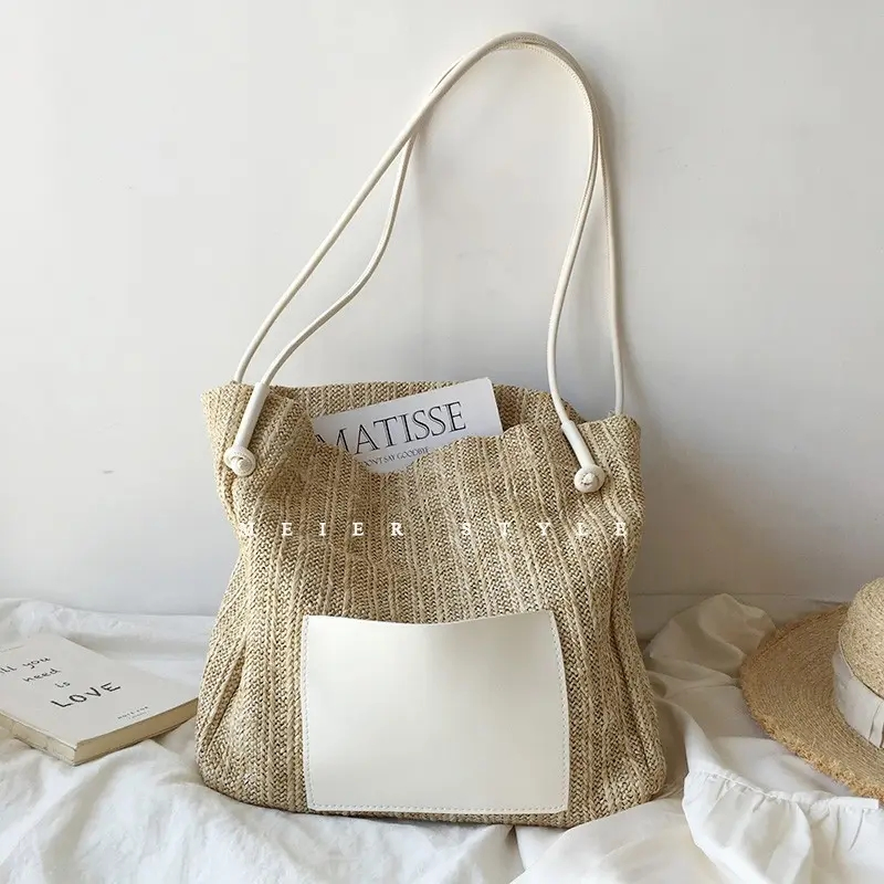 Bolsos de mano para mujeres personalizados, trim de playa de verano, rafia, bolso de paja barato