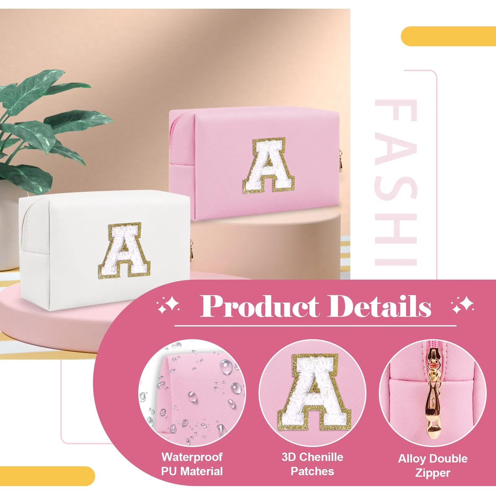 Pouch de cosméticos inicial personalizado para viajes, bolsa de maquillaje para mujeres y niñas