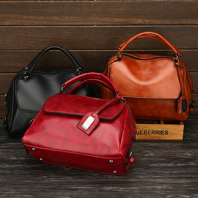Nueva bolsa de médico de piel de aceite retro para mujeres; bolso grande S