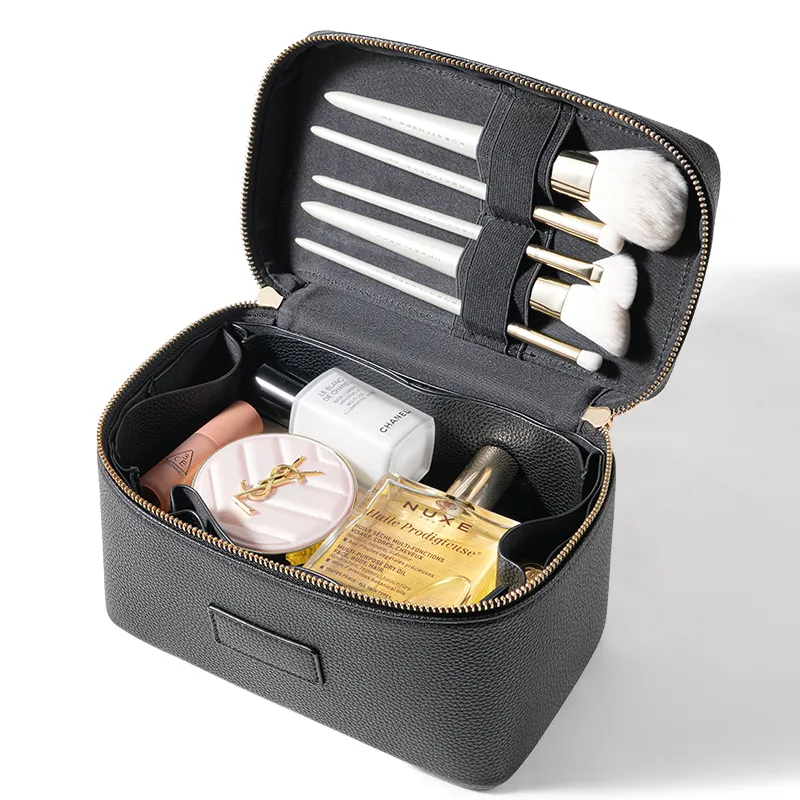 Organizador de Viaje Personalizado Nueva Caja de Almacenamiento Portátil para Brochas de Maquillaje y Artículos de Tocador Bolsas Cosméticas de Cuero PU Color Negro