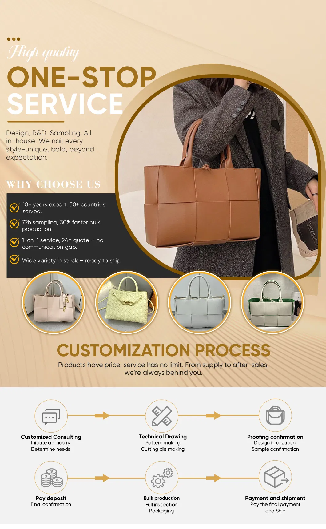 Bolso de hombro de cuero de alta gama, bolso de lujo personalizado para mujeres, bolsa tote