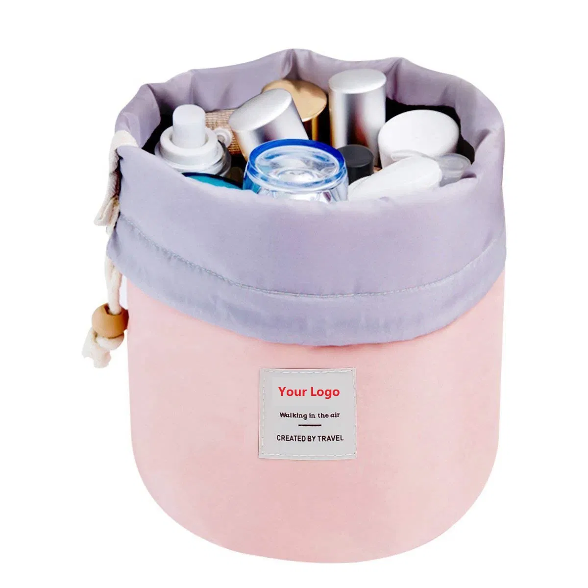 Bolsa organizadora de maquillaje de viaje con forma de barril y cordón