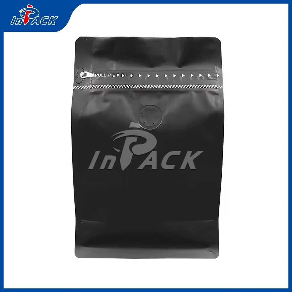 Bolsa plana de fondo con pliegues de acordeón extendidos y soporte para café