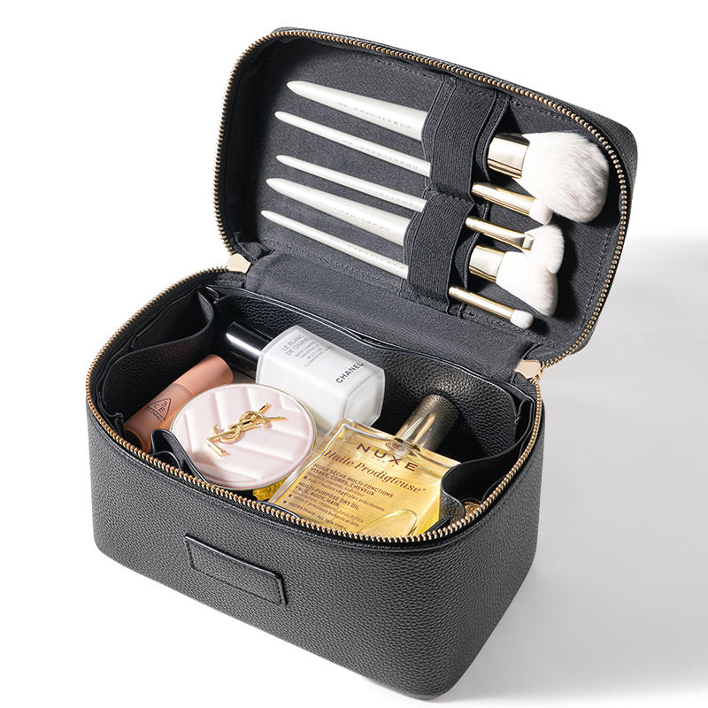 Organizador de Viaje Personalizado Nueva Caja de Almacenamiento Portátil para Brochas de Maquillaje y Artículos de Tocador Bolsas Cosméticas de Cuero PU Color Negro