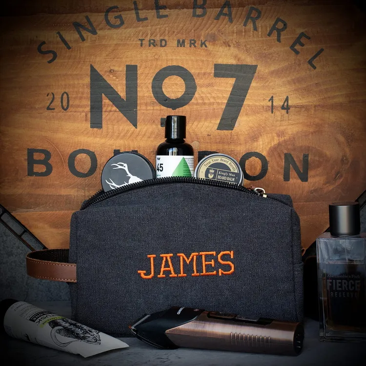 Organizador de maquillaje y cosméticos con logo bordado, bolsa de aseo de lona retro impermeable para hombres