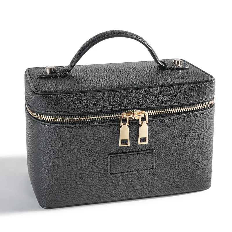Organizador de Viaje Personalizado Nueva Caja de Almacenamiento Portátil para Brochas de Maquillaje y Artículos de Tocador Bolsas Cosméticas de Cuero PU Color Negro