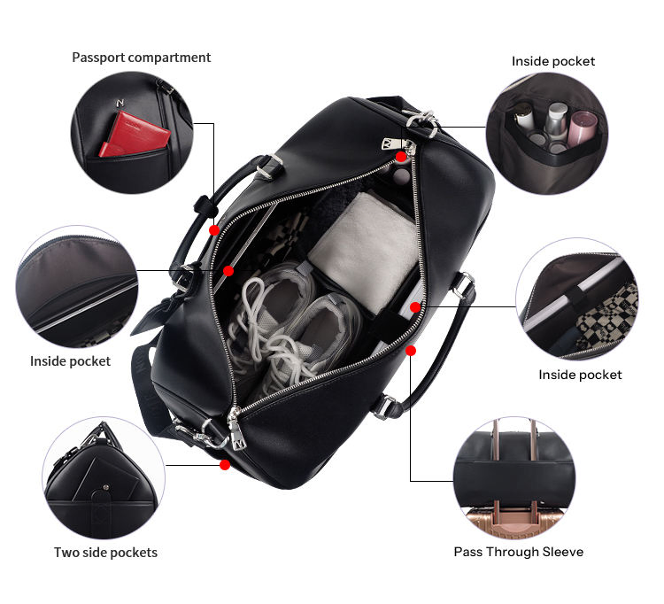 Bolsa de viaje de fin de semana personalizada ecológica unisex de cuero genuino moderno con gran capacidad y cierre de cremallera
