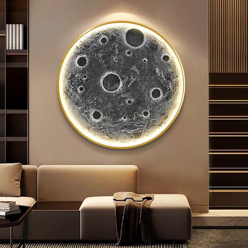 Marco de pared redondo lunar de pintura en porcelana de cristal al por mayor con LED estilo nórdico
