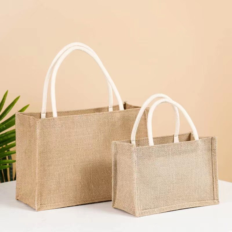 Bolsa de yute reutilizable ecológica con recubrimiento de lino, bolsa de compras de playa con logo y asas de algodón personalizadas